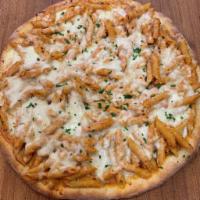 Penne Vodka Pizza · Round style pizza with penne pasta smothered in vodka sauce & mozzarella cheese