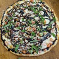Chicken Bruschetta Pizza · Mozzarella cheese, homemade bruschetta, grilled chicken, and balsamic glaze without red pizz...