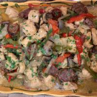 Chicken Giambotta Entree · Chicken, sausage, peppers, onions, and potatoes in a white wine sauce.