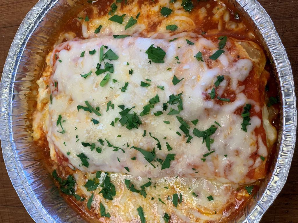 Lasagna Cheese, Meat or Veggie · Fresh lasagna shells layered with riccotta cheese, (meat, cheese or veggies) with marinara sauce topped with melted mozzarella