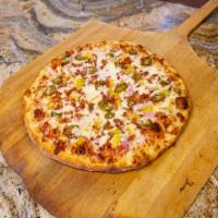 Sweet and Spicy Pizza · Bacon, pineapple, red onion, jalapenos, mozzarella cheese and pizza sauce. Spicy.