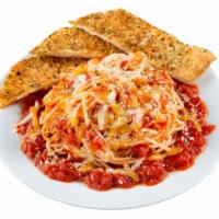 Baked Spaghetti · With meat sauce, tomato vegetarian sauce or Alfredo sauce. Includes personal garlic bread an...