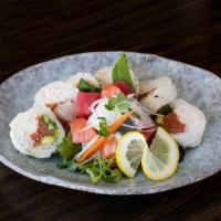 Muzen Sashimi Roll · Spicy tuna, crabmix, avocado, and cucumber in soy paper. Sashimi salad on side