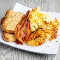 2 Eggs Any Style with Bacon Breakfast · Served with potatoes, grits, oatmeal or tomato. Choice of bread.
