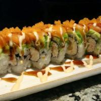 SacTown Roll · Tempura shrimp, crab salad top with salmon, avocado and masago. Spicy mayo and teriyaki.