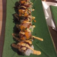 Yakuza Roll · Yellowtail, spicy tuna, avocado top with albacore, unagi, scallions and masago. Teriyaki and...