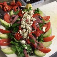 Sicilian Salad · Organic mixed greens, cucumbers, tomatoes, sweet roasted red peppers, Gorgonzola cheese, sal...