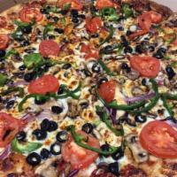 8. Fresh Veggie Pizza · Mushrooms, onions, green peppers, black olives, tomatoes and mozzarella cheese. Vegetarian.