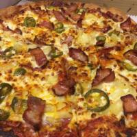 20. Zesty Bacon Pizza · Bacon, salami, jalapeno, pineapple, sharp cheddar and mozzarella cheese.