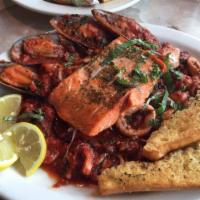 Seafood Platter · Piatto di mare. Generous platter of fresh wild sustainable Sockeye salmon, clams, mussels, s...