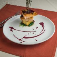 Salmon Barolo · Pan roasted Atlantic salmon filet, herb polenta with sauteed spinach and honey barolo wine s...