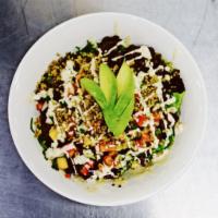 Shredded Lettuce Salad Dinner · Corn, cilantro quinoa, black beans, and tropical pico de gallo.