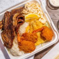 Seafood Combo · Fried fish, fried shrimp, and choice of BBQ beef, BBQ chicken, chicken katsu, kalua pork, BB...