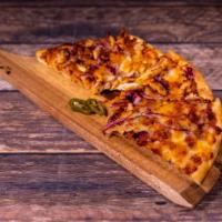 Barbecue Chicken Pizza · Sweet barbecue sauce, grilled chicken, bacon, onion and cheddar cheese.