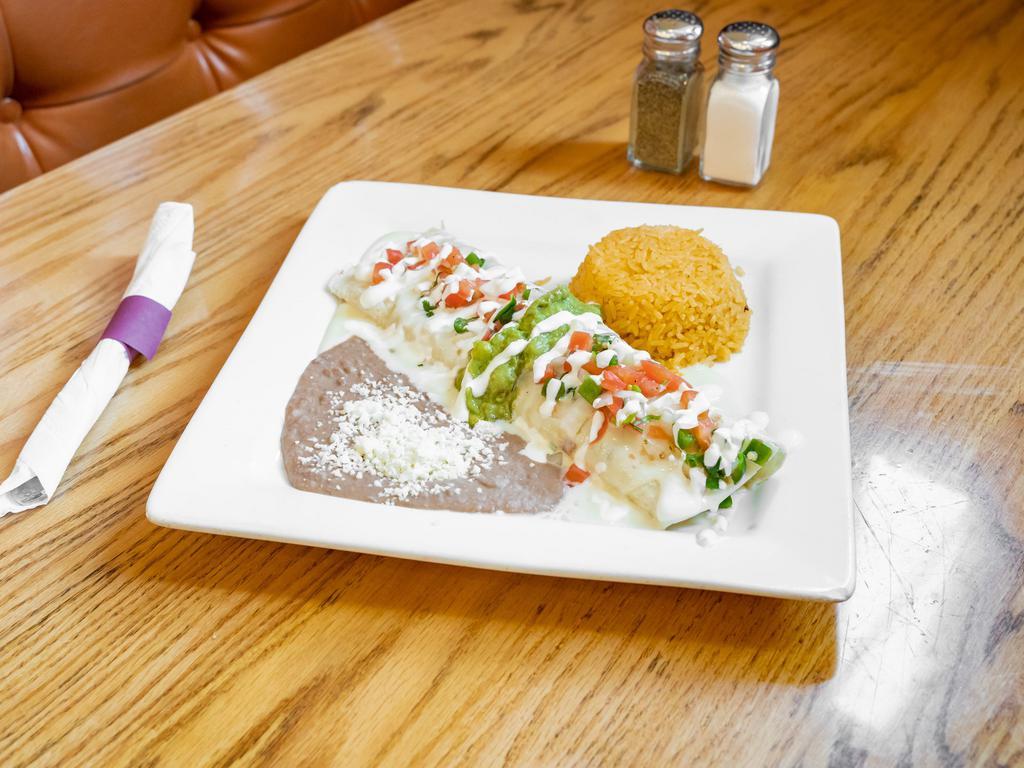 Burrito Mex · Recommended. 1 flour tortilla filled with your choice of grilled steak or chicken, onions and beans, topped with guacamole dip, pico de gallo and sour cresam, served with a side of rice and beans.