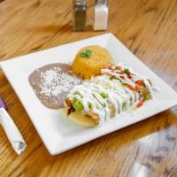 Chimichanga Texana · New. 2 flour tortillas, fried or soft, stuffed with steak or chicken fajitas, onions, tomato...