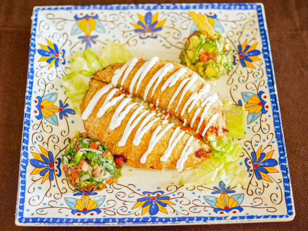 Quesadillas San Jose · 2 fried quesadillas with guacamole and pico de gallo.
