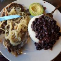 Bistec Encebollado  · Grilled onions and steak. Served with choice of 2 sides.