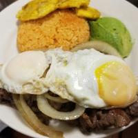 Bistec Encebollado a Caballo  · Grilled onions, steak and eggs. Served with choice of 2 sides.
