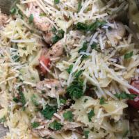 Bowtie Marguerite Pasta Small · Sauteed chicken, salmon, or vegetarian and bowtie pasta tossed in olive oil with tomatoes, m...