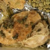 Chicken Piccata · Sauteed chicken breast with white wine, lemon, and capers. Served with 2 sides.