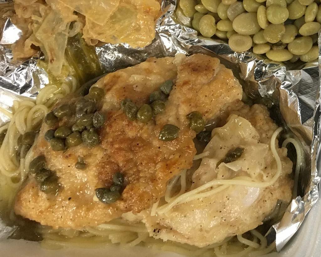 Chicken Piccata · Sauteed chicken breast with white wine, lemon, and capers. Served with 2 sides.