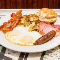 Benny's Bonanza Breakfast · 3 silver dollar pancakes, 1 piece of our highly acclaimed French toast and a quarter Belgian...