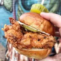 The Party Fowl Sliders · Crispy fried chicken, dill pickles, Duke's mayo.
