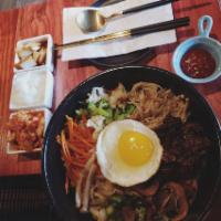 Bibimbap Beef · Marinated Beef with Seasonal Rotation Vegetables and topping with sunny side egg, and spicy ...