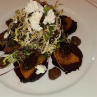 Roasted Beet salad · Gold and red beets, Goat cheese, Balsamic and fig dressing