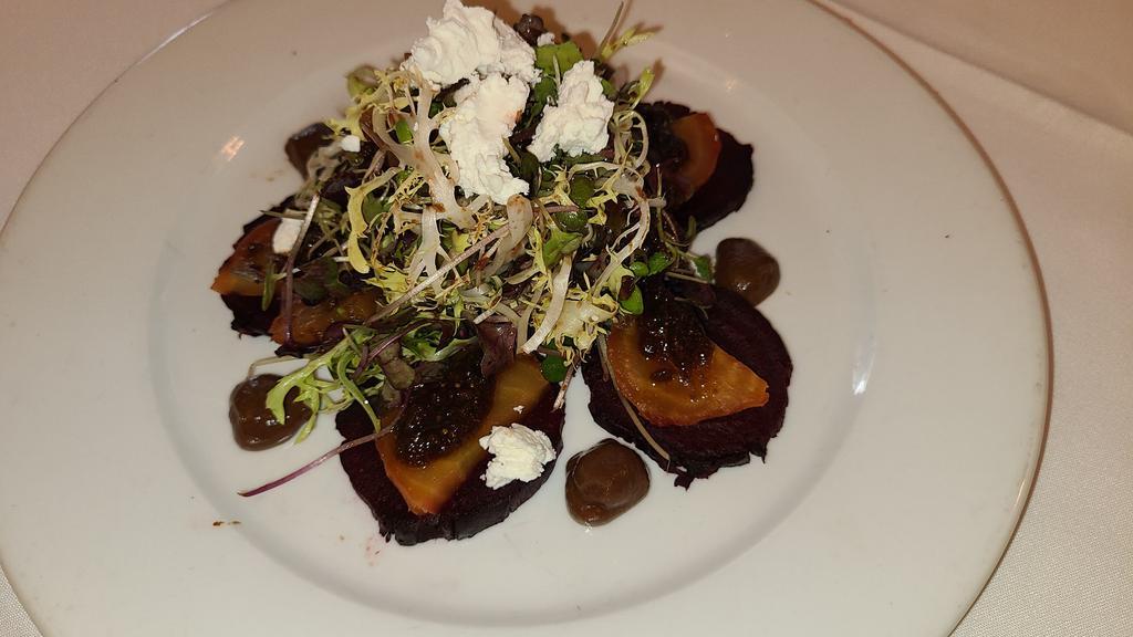 Roasted Beet salad · Gold and red beets, Goat cheese, Balsamic and fig dressing
