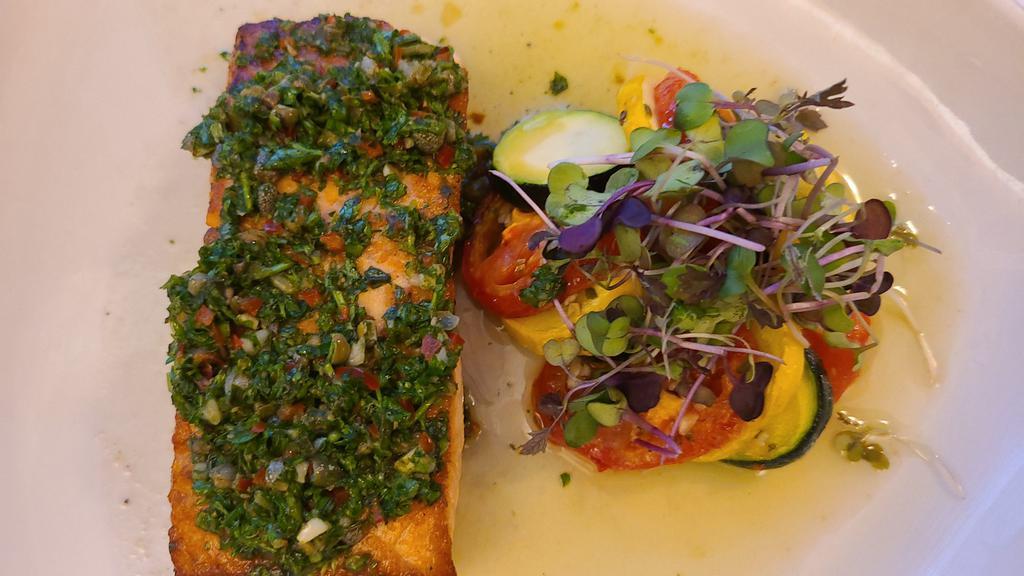 Garlic and Herb Roasted Salmon · Served with Ratatouille