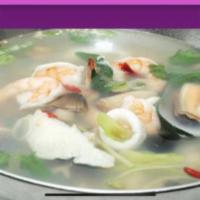10. Large Tom Yum Talay Thong Soup · Hot and sour assorted seafood soup with mushroom, lemongrass, lime juice, fresh chili, basil...