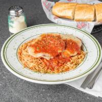 Chicken Parmigiana · Your choice of breaded or grilled chicken served over spaghetti or mostaccioli.