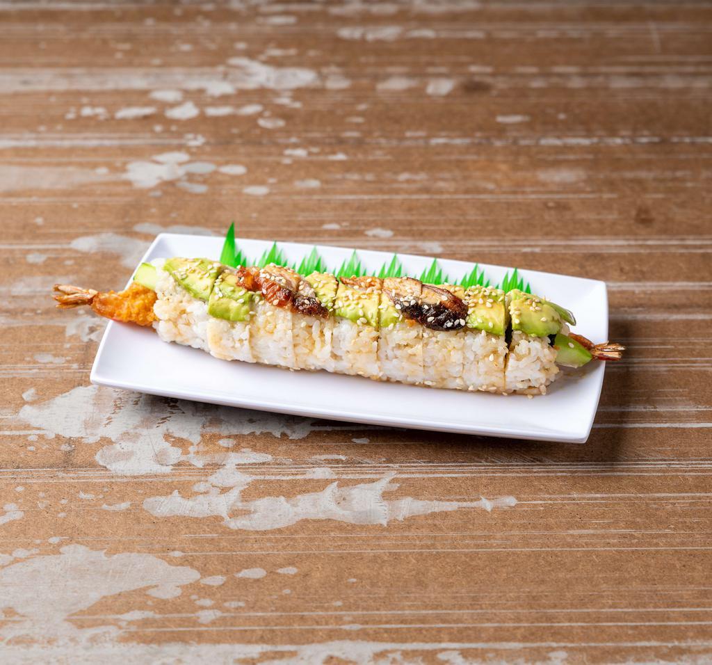 Tokyo Roll · Spicy scallop, green onion, cucumber on the inside and avocado, salmon, tuna, spicy mayo, eel sauce, green onions, masago hot sauce on the outside.