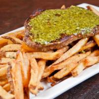 Steak Frites · Marinated sirloin, rosemary salt fries(or choice of other side) and chimichurri.