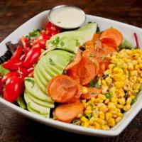 Rainbow Vegetable Bowl · Avocado, teardrop tomatoes, charred corn, honey roasted carrots and jalapeno ranch dressing ...