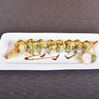 House Roll · Shrimp tempura inside with spicy crunchy tuna, avocado and caviar on top with wasabi mayo an...
