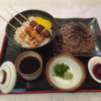 Yakitori Lunch Special Set · 3 pieces of yakitori over rice and cold soba.