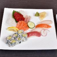 Sushi and Sashimi Lunch · 8 pieces of sashimi and 4 pieces of sushi with a California roll.