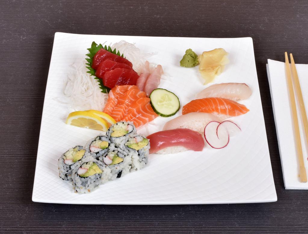 Sushi and Sashimi Lunch · 8 pieces of sashimi and 4 pieces of sushi with a California roll.
