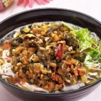 Minced Pork with Sour String Bean Noodle Soup · Hot and spicy.