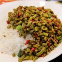 Sour String Bean with Minced Pork Lunch · Hot and spicy.
