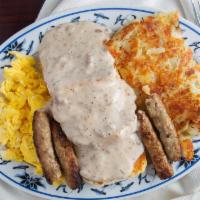 Biscuits & Gravy Plate · Biscuits and gravy served bacon or sausage, hash browns, eggs and toast