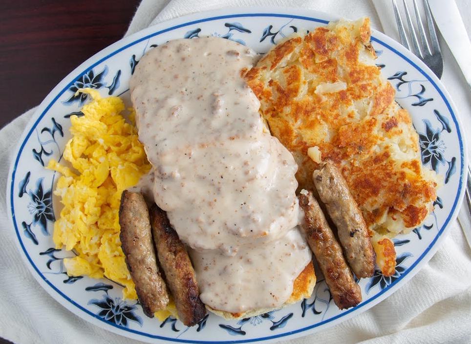 Biscuits & Gravy Plate · Biscuits and gravy served bacon or sausage, hash browns, eggs and toast