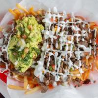 Carne Asada Fries Lunch · Carne asada fries topped with guacamole, pico de gallo, sour cream and cheese 