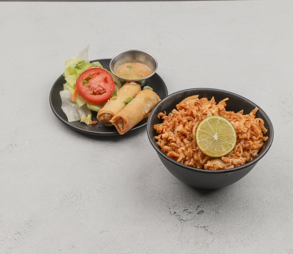 N.1 Pad Thai · A famous Thai noodle dish made from fresh thin rice noodle stir-fried with bean sprouts, egg, green onions and ground peanuts with our special tamarind sauce.