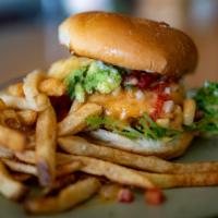 Cali Mac-Attack Burger · Impossible or Beyond Patty, Mac n Chez, American Cheese, Pico De Gallo, Avocado + Garlic Aioli