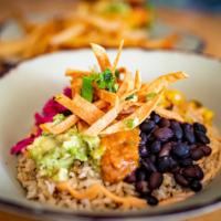 Baja Bowl · Cilantro Rice, Corn Succotash, Black Beans, Red Cabbage Slaw, Avocado, Chipotle Aioli + Roas...