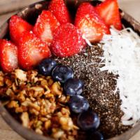 Acai Bowl · acai + banana base, granola, agave, blueberries, strawberries, coconut shavings + chia seeds